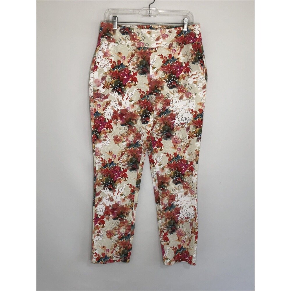 Soft Surroundings White Pink Red Mosaic Floral Pull On Straight Leg Pants SIZE M